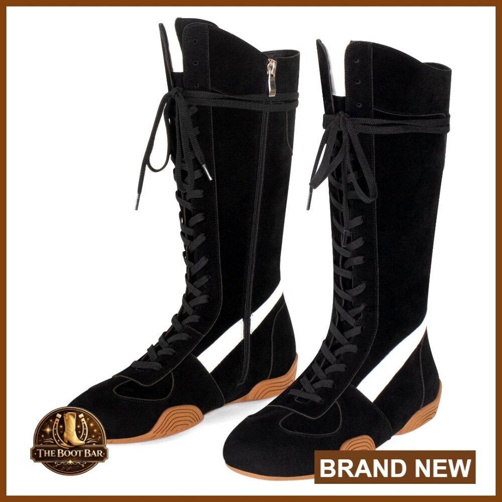 Women's Faux Suede Lace Up Knee High Boxing Boots with Side Zipper